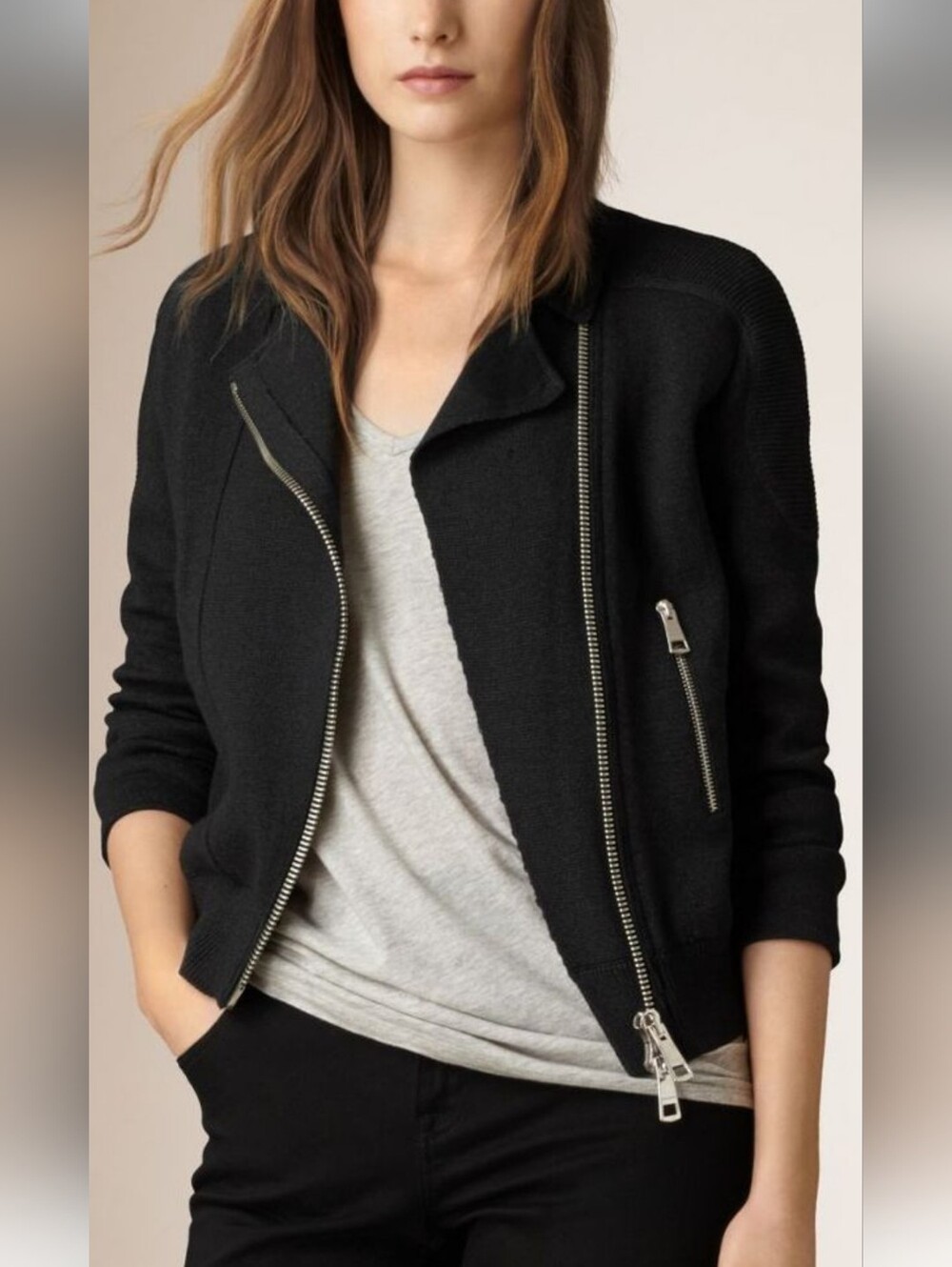 Burberry Black Asymmetrical-Zip Bomber-Style Jacket Sz S/p